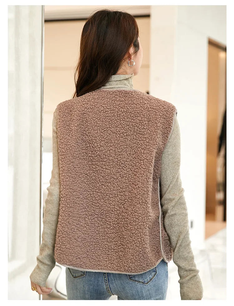 Lamb's Fleece Vests Jacket New Spring Autumn Women Button Waistcoat Winter Warm Fleece Sleeveless Outwear Female