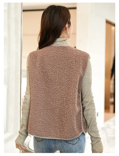 Lamb's Fleece Vests Jacket New Spring Autumn Women Button Waistcoat Winter Warm Fleece Sleeveless Outwear Female
