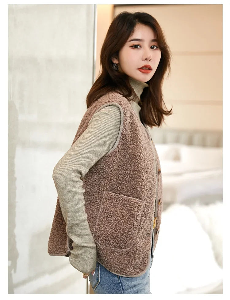 Lamb's Fleece Vests Jacket New Spring Autumn Women Button Waistcoat Winter Warm Fleece Sleeveless Outwear Female