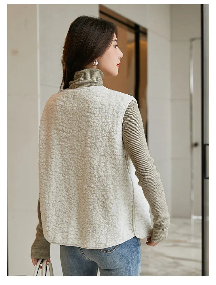 Lamb's Fleece Vests Jacket New Spring Autumn Women Button Waistcoat Winter Warm Fleece Sleeveless Outwear Female