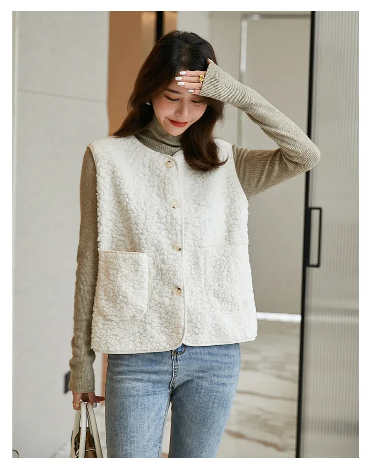 Lamb's Fleece Vests Jacket New Spring Autumn Women Button Waistcoat Winter Warm Fleece Sleeveless Outwear Female