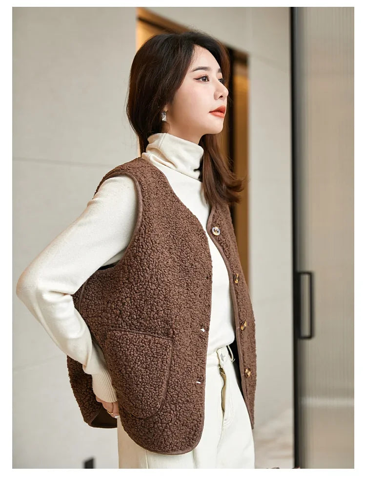 Lamb's Fleece Vests Jacket New Spring Autumn Women Button Waistcoat Winter Warm Fleece Sleeveless Outwear Female