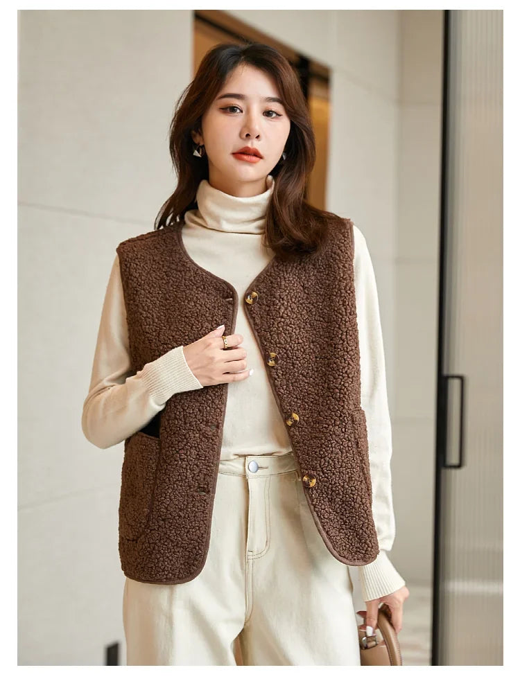 Lamb's Fleece Vests Jacket New Spring Autumn Women Button Waistcoat Winter Warm Fleece Sleeveless Outwear Female